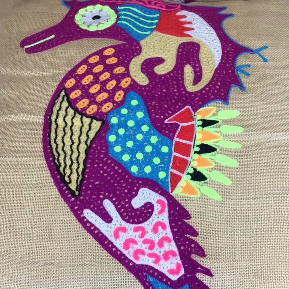 Tropical bright embroidered seahorse pillow covers/burlap with Pom fring-2pc set - Picture 13 of 16